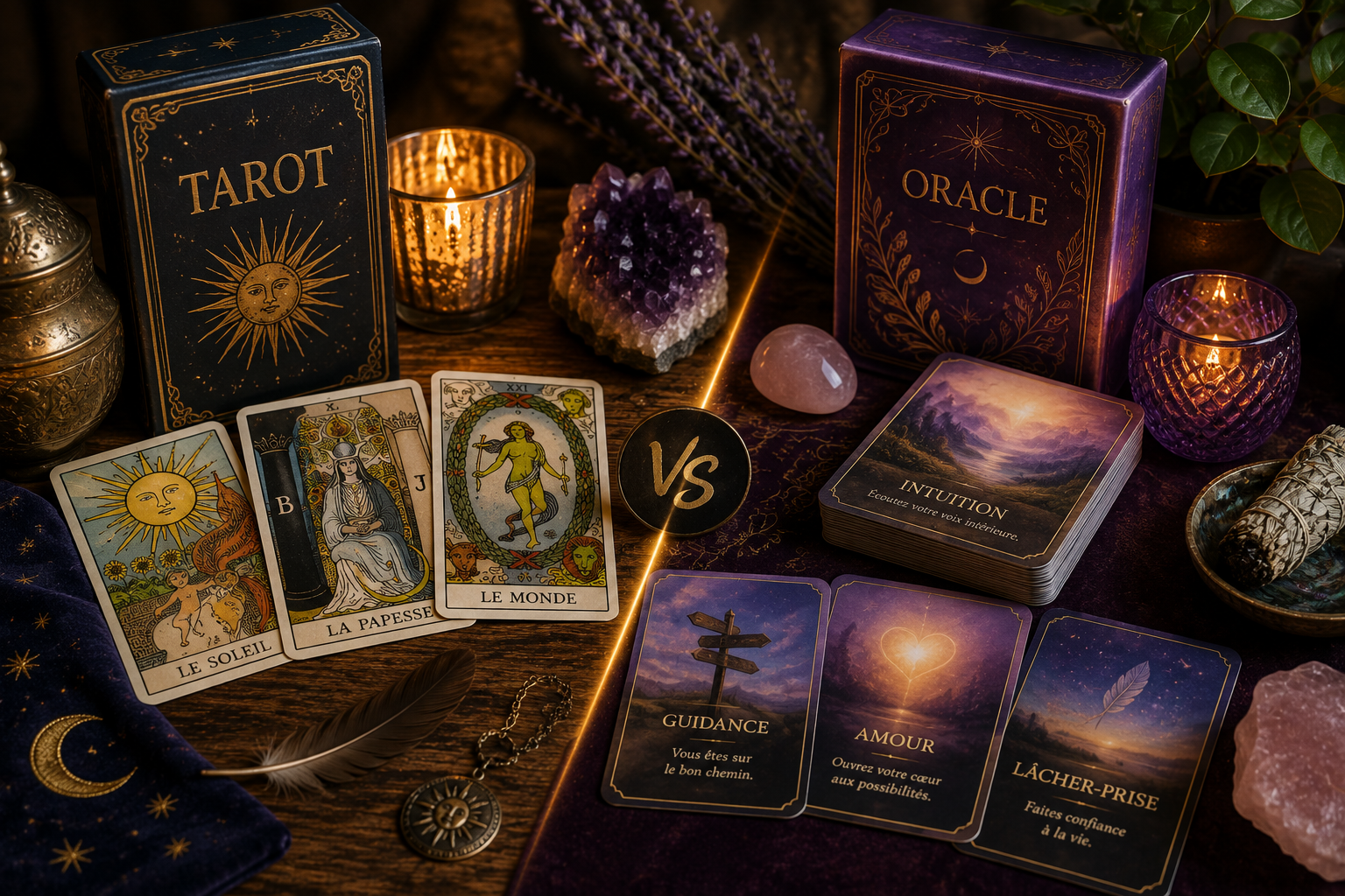 Jeu de tarot et oracle présentés côte à côte