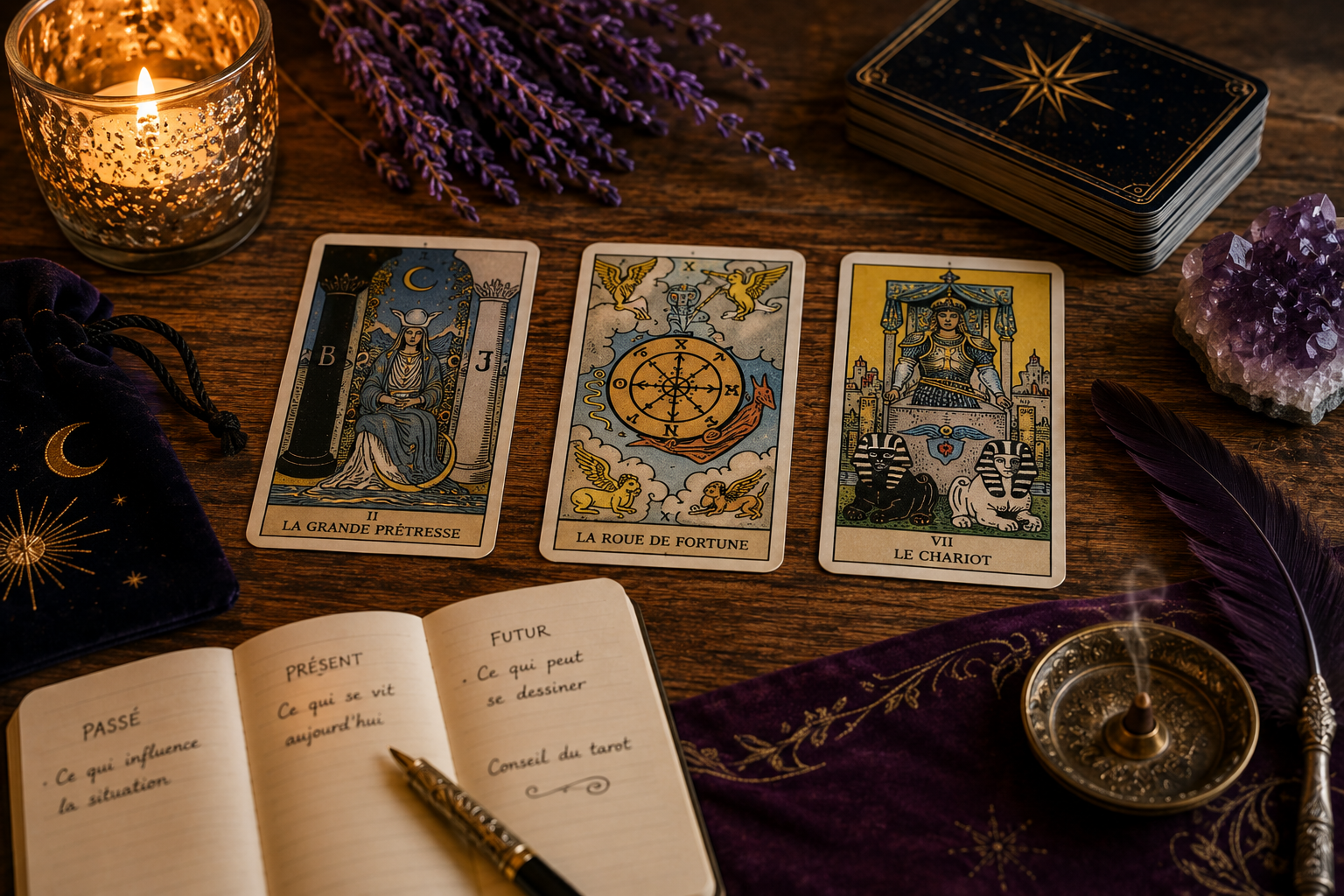 Trois cartes de tarot disposées pour un tirage passé présent évolution