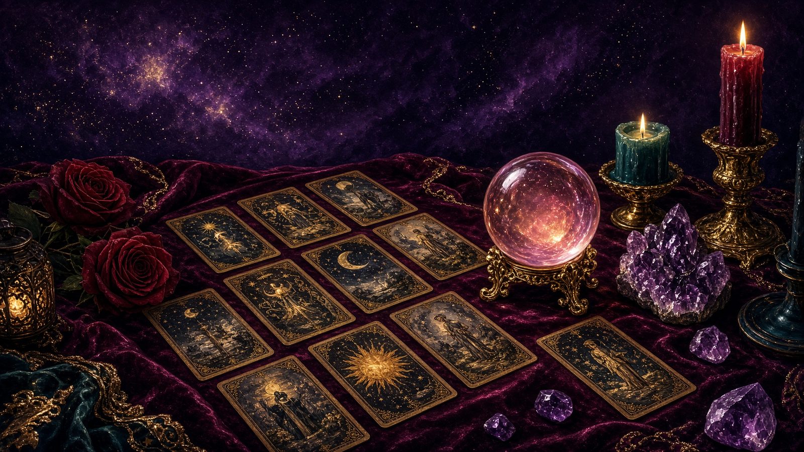 Table de tarot, roses et boule de cristal